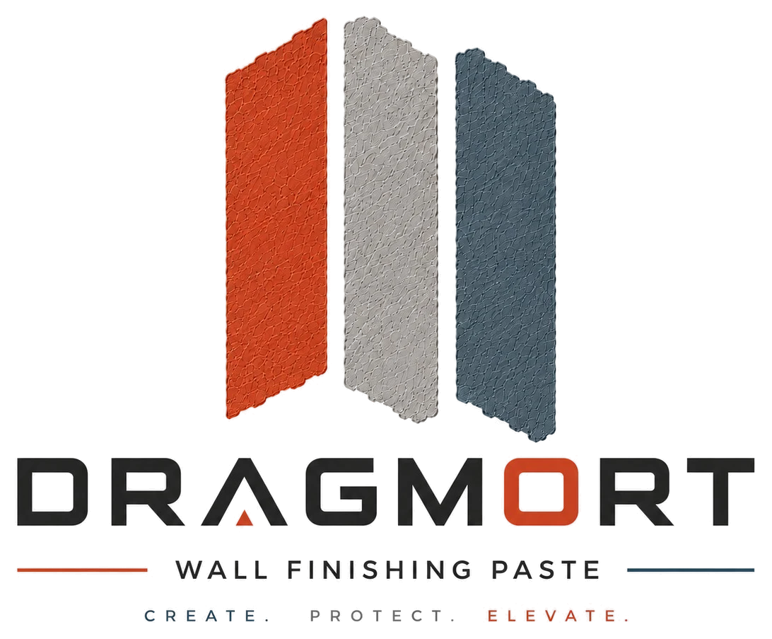 DragMort logo: three textured panels in terracotta, grey and slate blue above the DRAGMORT wordmark, with the line ‘Wall finishing paste’ and the tagline ‘Create. Protect. Elevate.’