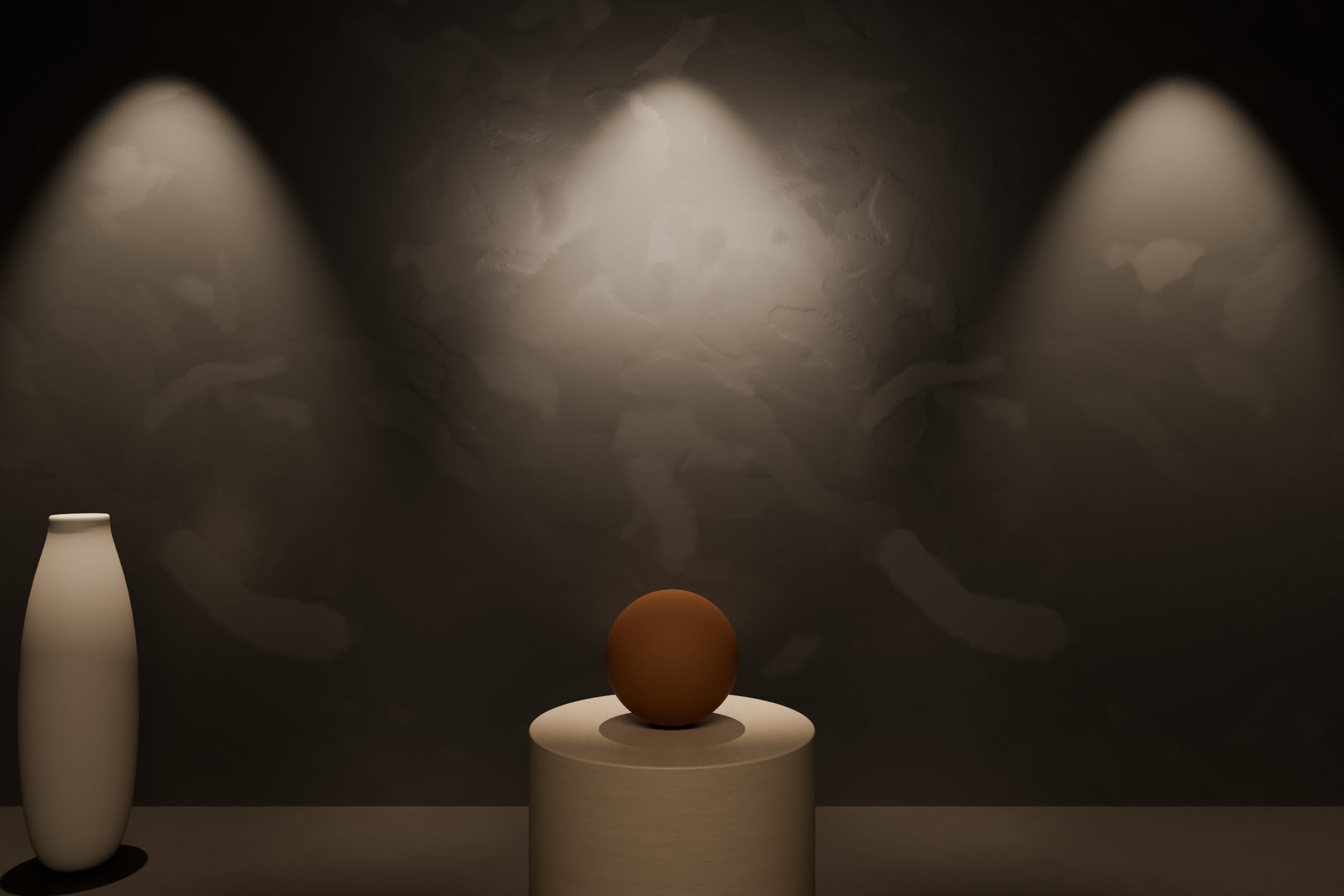 Concept render of a dark lounge wall with a metallic trowelled finish, washed by three ceiling spotlights.