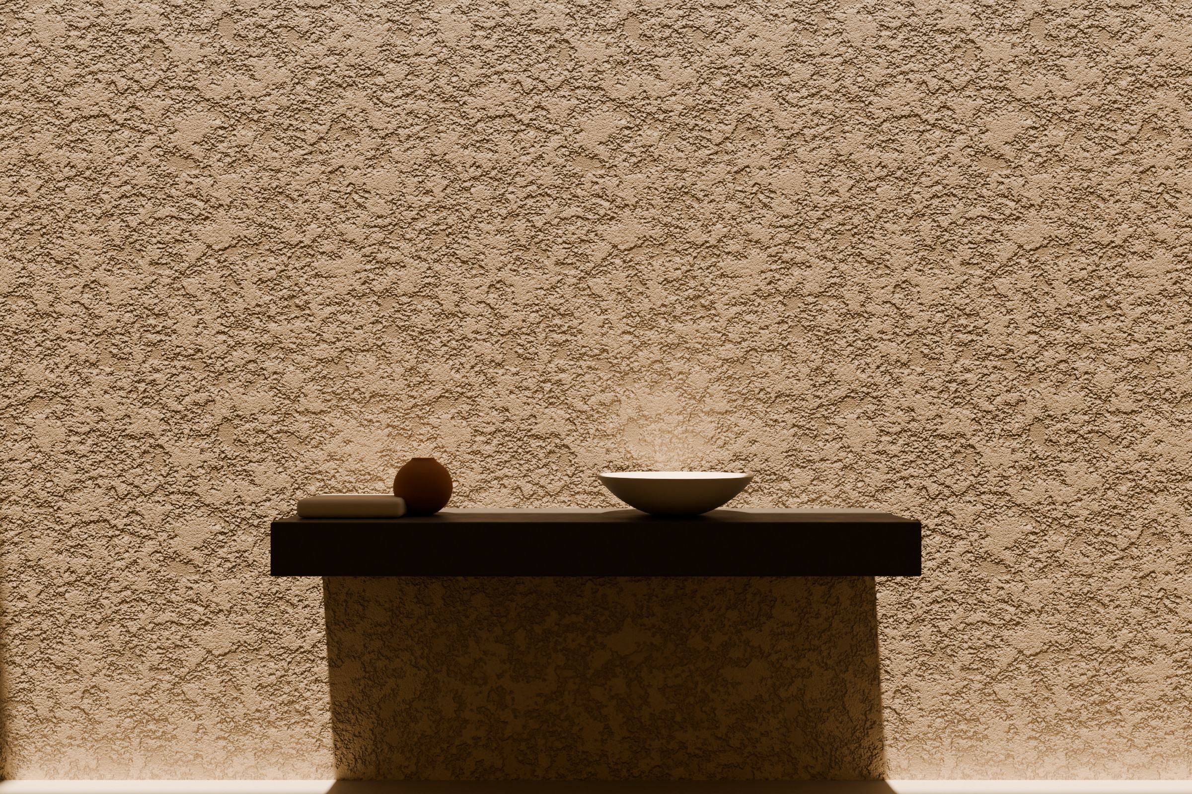 Concept render of a spa-like wash space: a deeply textured stone-effect wall lit from a roof slot above a floating console.