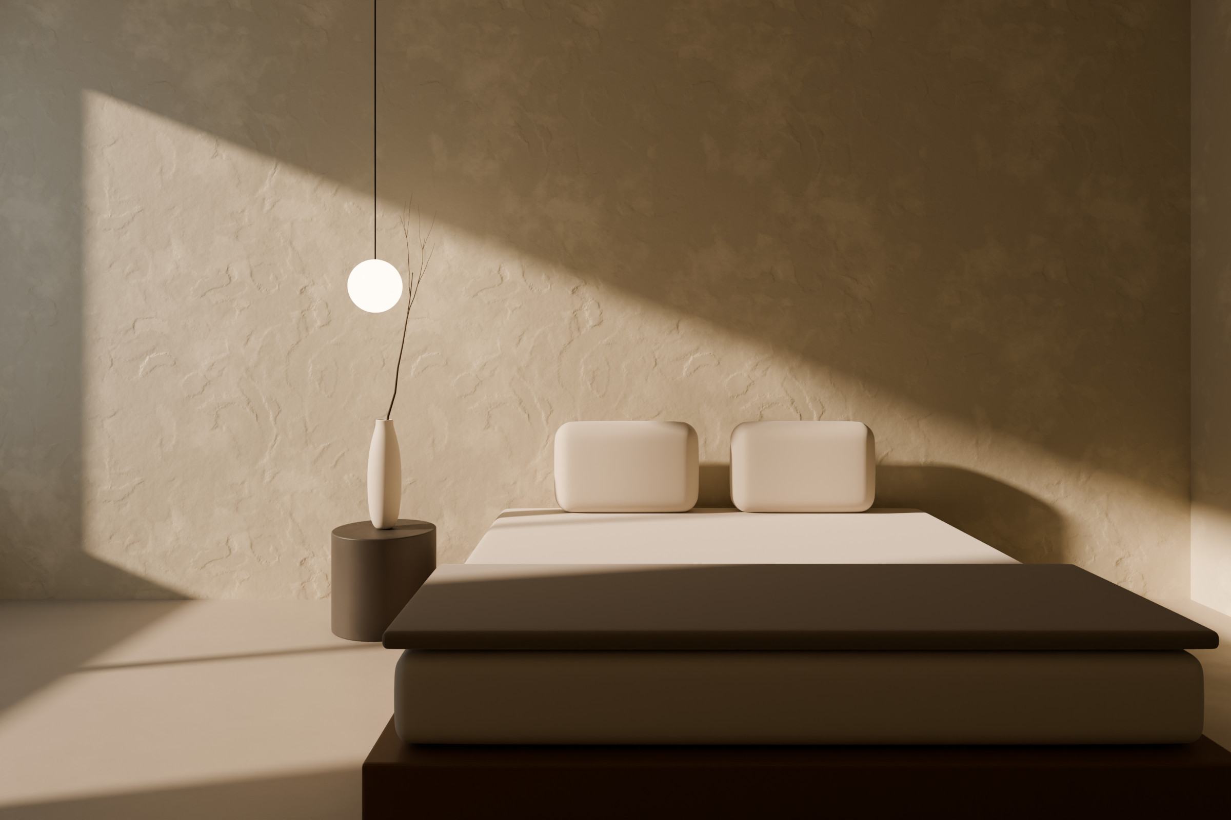 Concept render of a calm bedroom with a softly trowelled wall in a pale warm neutral, lit by low side light.
