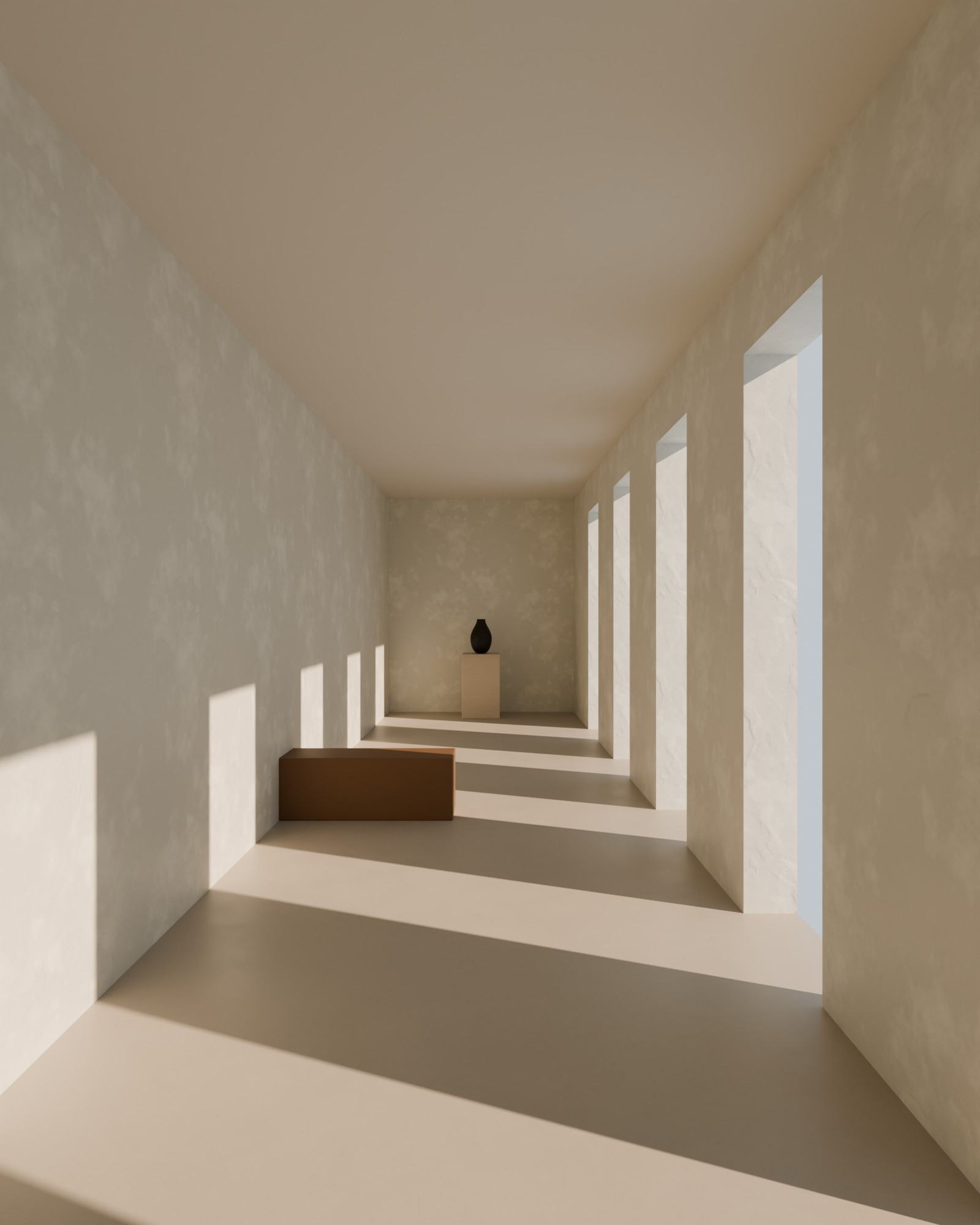 Concept render looking down a long, pale corridor with tall openings casting bands of sunlight across the wall and floor.