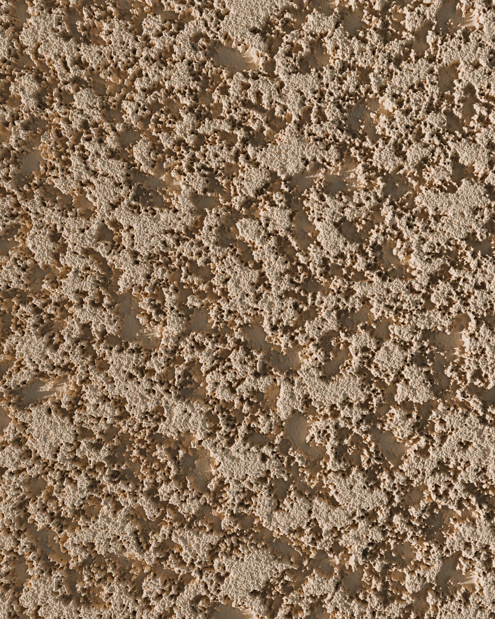 Close-up study of a rustic, high-relief stone-effect surface in a warm light tone under grazing light.